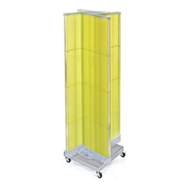 Pinwheel Pegboard Floor Display on Revolving Wheeled Base. Spinner Rack Stand.